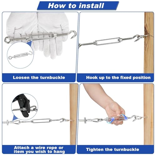 TooTaci 10PCS M6 Turnbuckle, 304 Stainless Steel Turnbuckle Hook and Eye | Turnbuckle Wire Tensioner, 220lb Adjustable Turnbuckles for Cables Wire, Shade, Cable Tightener, Garden Trellis, Clothesline - size: M6 OC-10Pcs