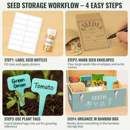 Large Bamboo Wood Seed Storage Organizer Box with Lid, Double-Layer Seal Design Seed Saving Box with 304 Stainless Steel Safety Lock, Handles, Extra Seed Envelopes and Labels, Great Gifts for Gardener - color: 2.Green(Large)