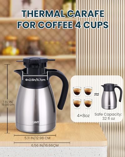GiNT 34Oz Thermal Coffee Carafe, Insulated Stainless Steel Coffee Carafes for Keeping Hot/Double Walled Vacuum Coffee Carafe (Silver, 1L) - color: Silver, size: 34 Ounces