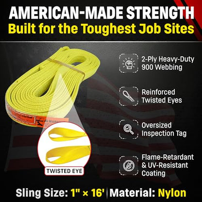 DD Sling 2 Inch x 25 Foot Nylon Lifting Sling – USA Made, 6,400 lb Vertical, 5,100 lb Choker, 12,800 lb Basket – 2-Ply Heavy Duty 900 Webbing, Type 4 Twisted Eye & Eye Rigging Sling - size: 2 in x 25 ft