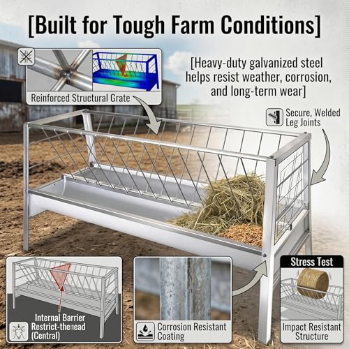 Heavy Duty Galvanized Steel Goat Hay Feeder with Hay Rack & Feeding Pan, 59" Long 90 Gallon Capacity Livestock Feeder, Feeds Up to 14 Goats for Goats, Sheep, Cow, Horse