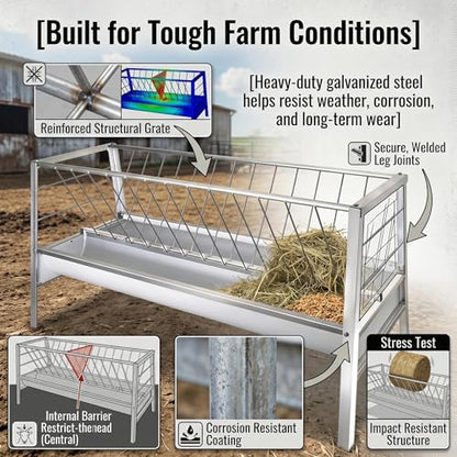 Heavy Duty Galvanized Steel Goat Hay Feeder with Hay Rack & Feeding Pan, 59" Long 90 Gallon Capacity Livestock Feeder, Feeds Up to 14 Goats for Goats, Sheep, Cow, Horse
