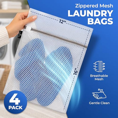 Handy Laundry Zippered Mesh Bags 4-Pack 12"x16", Honeycomb for Delicates | 4-Pack Zippered Honeycomb Mesh Bags 12x16, Machine Washable, for Lingerie Socks Underwear Delicates Wash