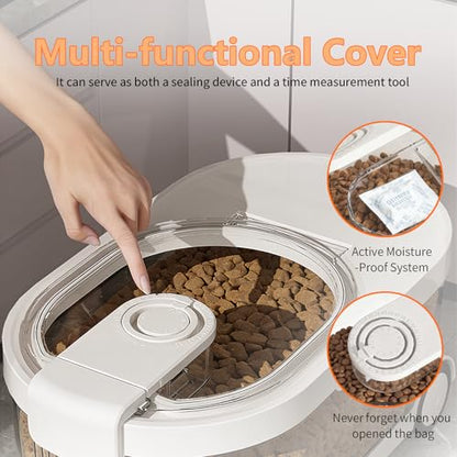 Airtight Dog Food Storage Container with Desiccant Chamber,Cat Food Storage with Timer,Wheels & Scoop,7 Liter,10-12 lbs/7 kg,for Small Dog,Cat & Bird Feed,Clear BPA-Free Slim Rolling Bin with Lid