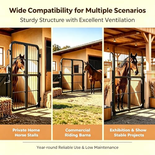 1 Inch Thick Steel Horse Stall Gate, Two-Way Opening Ventilated Horse Stall Guard, Heavy Duty Height Adjustable Grid Metal Stall Front Gate for Daily Home Barn Show Stable Use - size: 48"Wx24"H