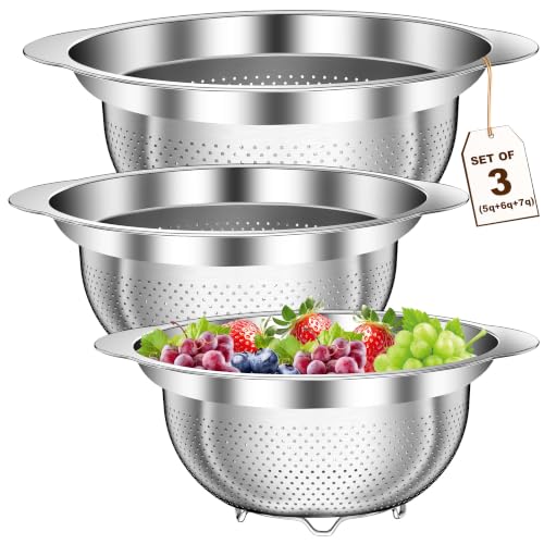 Large Strainers and Colanders, Big Stainless Steel Colanders for Kitchen, Stainless Steel Strainer Set of 3 (7 QT, 6 QT, 5 QT) for Draing Pasta Spaghetti Fruit Vegetable - size: 5+6+7QT