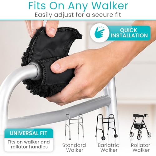 Vive Premium Walker Handle Cushions - Extra Soft Faux-Sheepskin Padded - color: Black
