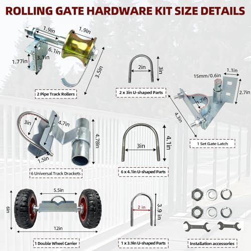 Rolling Gate Hardware Kit for Farm, Fence Gates, Rolling Gates- Includes 6" Double Wheel Carrier, 6 Universal Track Drackets, 2 Pipe Track Rollers, 1 Set Gate Latch, 2 Sets of Wrenches - color: Red-2