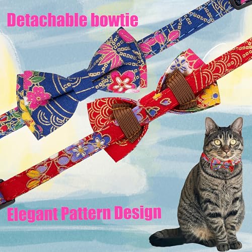 Collar for Cat Pet Breakaway with Bell Bowtie Detachable Bow Adjustable Safety Kitten Puppy Girl Boy 2pcs Navy Blue & Red - color: Flower-Navy Blue & Red
