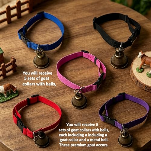 5 Pack Nylon Goat Collar with Bell, Adjustable for Small Livestock
