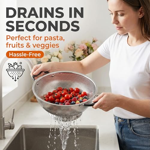 304 Stainless Steel Colander, 3 Quart Micro-Perforated Strainer with Heavy Duty Plastic Handles - Fast Draining Metal Basket for Rinsing Rice, Washing Vegetables, Draining Pasta - Dishwasher Safe - size: 3QT-plus
