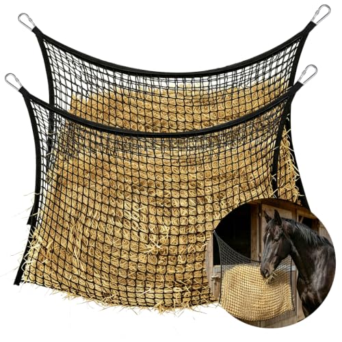 2Pcs Slow Feed Hay Net for Horses, Durable Hanging Hay Bag with Clips for Horses Goats Donkeys Sheep, Easy Loading, Large Capacity, Fits Stall & Trailer, 35" x 31", Black