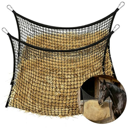 2Pcs Slow Feed Hay Net for Horses, Durable Hanging Hay Bag with Clips for Horses Goats Donkeys Sheep, Easy Loading, Large Capacity, Fits Stall & Trailer, 35" x 31", Black