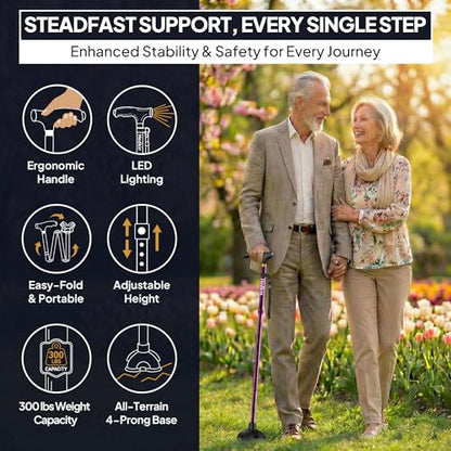 Walking Cane with LED Light, Foldable,Adjustable, Self Standing Walking Canes for Men & Women,Walking Sticks with Quad Base for Seniors & Adults - color: Purple
