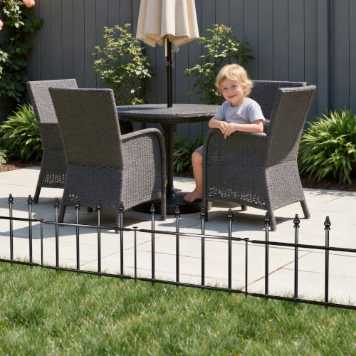 Decorative Metal Garden Fence，(5 Panels+ 6 Posts),Total Iength 7 ft(W) x 11 in(H), Small Metal Border Fence, Classic Roman Column Decoration, Garden and Lawn Landscape Fence, Black Animal Fence - size: 5 Panels-5 ft(W) x 12 in(H)