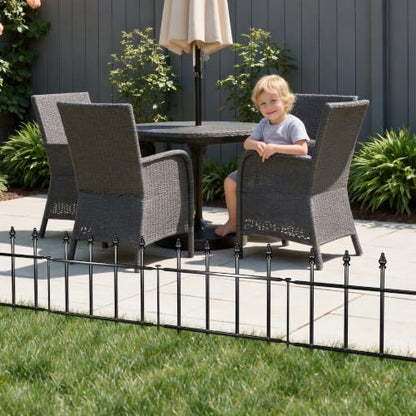 Decorative Metal Garden Fence，(5 Panels+ 6 Posts),Total Iength 7 ft(W) x 11 in(H), Small Metal Border Fence, Classic Roman Column Decoration, Garden and Lawn Landscape Fence, Black Animal Fence - size: 5 Panels-5 ft(W) x 12 in(H)