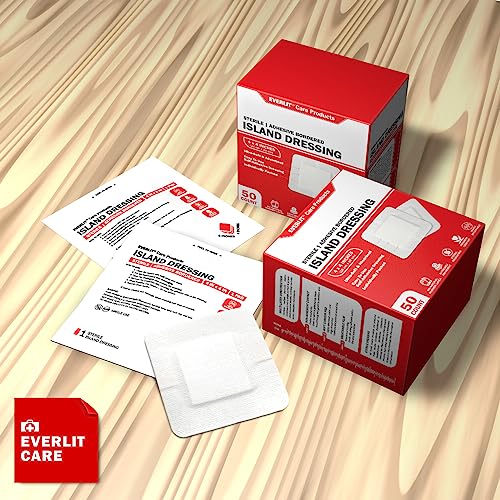 EVERLIT Island Dressing Bordered Gauze | Large Wound Care Bandage with Adhesive Border| Sterile, Soft & Highly Absorbent Medical Grade Dressing Pad (4x4 Inch (Pack of 50)) - size: 4x4 Inch (Pack of 50)