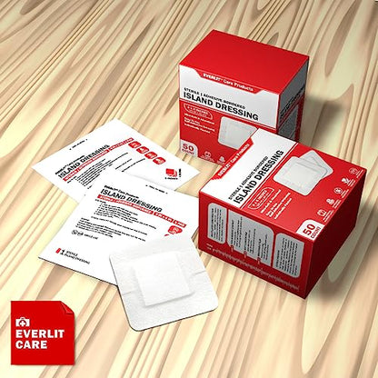 EVERLIT Island Dressing Bordered Gauze | Large Wound Care Bandage with Adhesive Border| Sterile, Soft & Highly Absorbent Medical Grade Dressing Pad (4x4 Inch (Pack of 50)) - size: 4x4 Inch (Pack of 50)
