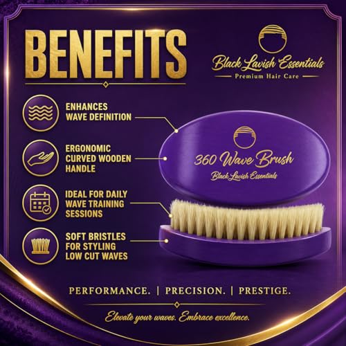 360 Wave Brush, Build Deeper Waves, Soft & Hard Boar Bristle Curved Brushes BLACK LAVISH ESSENTIALS Gold Bristle (Soft Brush, Purple) - color: Purple, size: Soft Brush