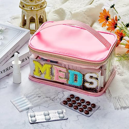 Geetery Chenille Letter Bag, Meds Cheer Travel Cases Cheerleader Gifts Cosmetic Bag Nylon Makeup Portable Preppy Patch with Zipper Toiletry Storage Case for Women(Pink,Meds) - color: Pink, style: Meds