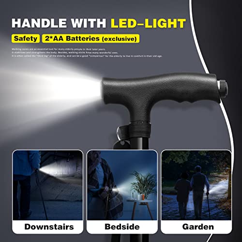 BigAlex Folding Walking Cane with LED Light,Pivoting Quad Base,Adjustable Walking Stick with Carrying Bag for Men/Women - color: Black(4'9"-5'6")