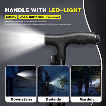 BigAlex Folding Walking Cane with LED Light,Pivoting Quad Base,Adjustable Walking Stick with Carrying Bag for Men/Women - color: Black(5'5"-6'3")