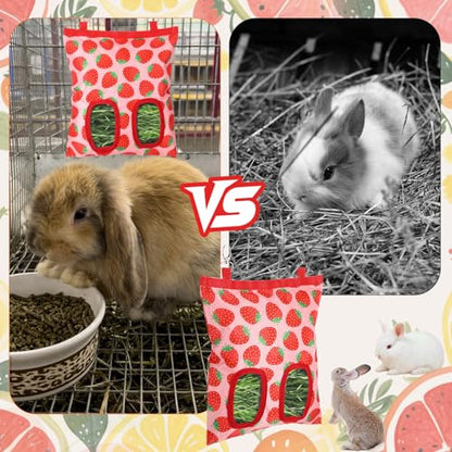 Rabbit Hay Feeder, 2 Hole Washable Hanging Hay Bag for Guinea Pig - color: strawberry