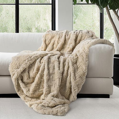 Mon Chateau 60" x 70" Crest Faux Fur Throw, Sandstone Jacquard | Cozy Layer Comfort For Couch, Bed Or Chair. Lightweight Polyester Fabric With Easy Machine Wash Care - color: Sandstone Jacquard