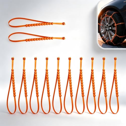 12 PCS Car Snow Tire Chains, Spiral Anti-skid Traction Straps, Portable Adjustable Zip Tie Tire Chains, Universal Emergency Accessory for Cars SUVs Trucks (Orange)