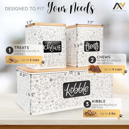 A&N Essentials 3-Piece Pet Food Storage Container Set – Airtight Galvanized Steel with Bamboo Lids – Holds Up to 6 lbs Kibble & 6 Cups Treats for Dogs & Cats