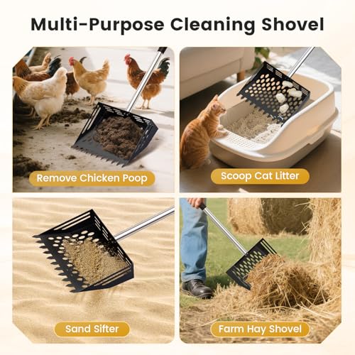 Chicken Poop Scooper and Rake, 2-in-1 Metal Sand Sifting Shovel with 24-68 Inch Adjustable Stainless Steel Handle, Cleaning Tools for Outdoor Chicken Coops, Farm Animals House