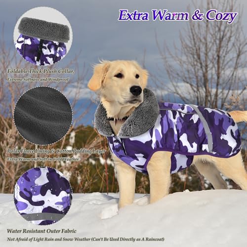 Dogcheer Warm Dog Coat, Waterproof Dog Jacket Christmas Puppy Winter Coat with Buckle, Reflective Adjustable Pet Snow Jacket Turtleneck Fleece Sweater for Small Medium Large Dogs - Camo Purple, S - color: Camo Purple, size: Small