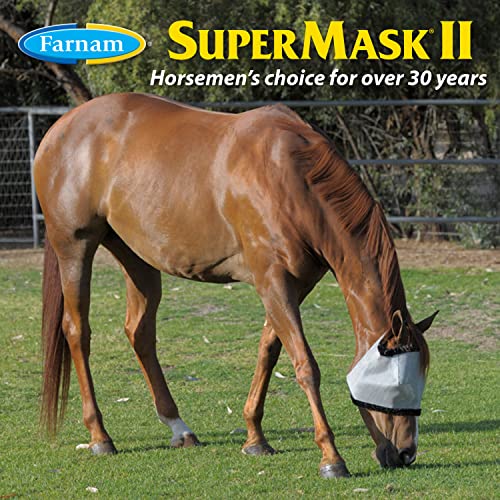 Farnam SuperMask II Shimmer Weave Mesh Horse Fly Mask Without Ears, Eye Protection from Insect Pests, Soft Silver Mesh with Black Plush Trim, Horse Size - size: Horse, style: Foal, Yearling, Small Horse/Arabian, Horse, Extra Large