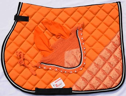 Orange Luxury Saddle Pad Set Matching Ear Bonnet | Equestrian Show Gear | Horse Riding Matchy Set | Dressage or Jumping/Hunter - size: Pony