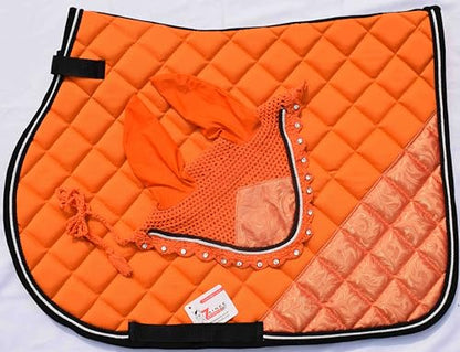 Orange Luxury Saddle Pad Set Matching Ear Bonnet | Equestrian Show Gear | Horse Riding Matchy Set | Dressage or Jumping/Hunter - size: Pony