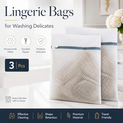 Lingerie Bags for Washing Delicates 3Pcs, Laundry Wash Bag, Honeycomb Mesh Laundry Bag 12x16 Inch Medium