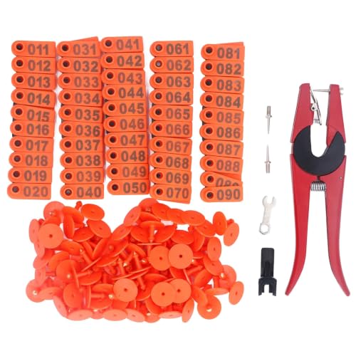 100Pcs Livestock Ear Tags for Sheep Goat Cattle Pig 001-100 Number - color: Orange Ear Tag With Red Pliers With 2 Ear Tag