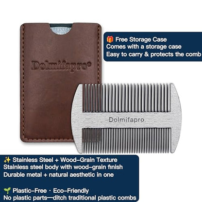 304 Stainless Steel Pocket Beard Comb for Men, Anti-Static Dual Fine Coarse Teeth Ultra-Thin Mustache Hair Grooming Comb with PU Leather Case (silvery) - color: silvery