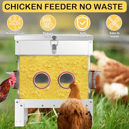 Automatic Chicken Feeder No Waste Metal Poultry Feeder Large Capacity 25lbs for Chickens, Geese, Ducks, Turkeys, Quails (4-Port) - size: 4-Port