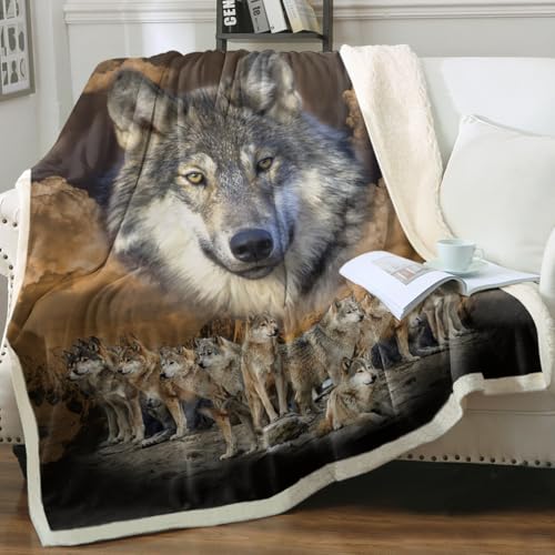 Sleepwish Gold Wolf Fleece Blanket Indian Blanket Plush - color: Black Cloud Wolf Group, size: Throw
