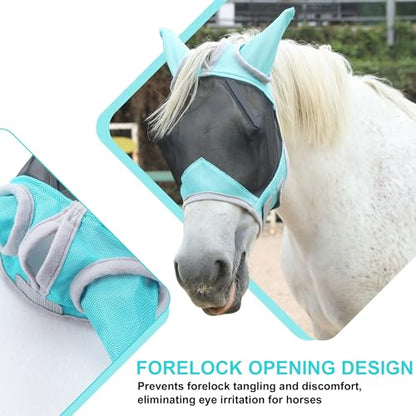 Horse Fly Mask with Ears, Full Face Equine Fly Mask UV Protection - color: Turquoise, size: Cob (Medium)