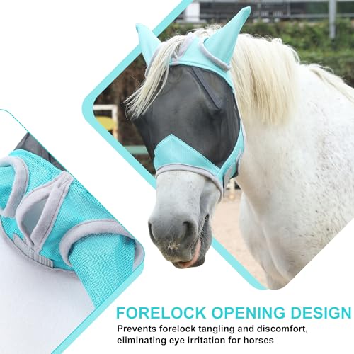 Horse Fly Mask with Ears, Full Face Equine Fly Mask UV Protection - color: Turquoise, size: Full (Large)