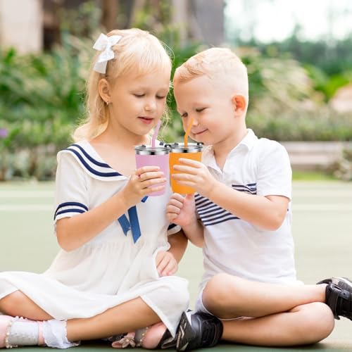 Stainless Steel Kids Cups with Lids, 5 Pack 12oz Spill Proof Cups - color: Orange, Green, Light Blue, Pink, Yellow