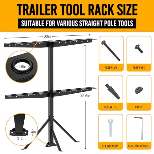 Utility Trailer Tool Rack with 8 Rubber Holes with Brackets, Standard Black - color: Standard Black