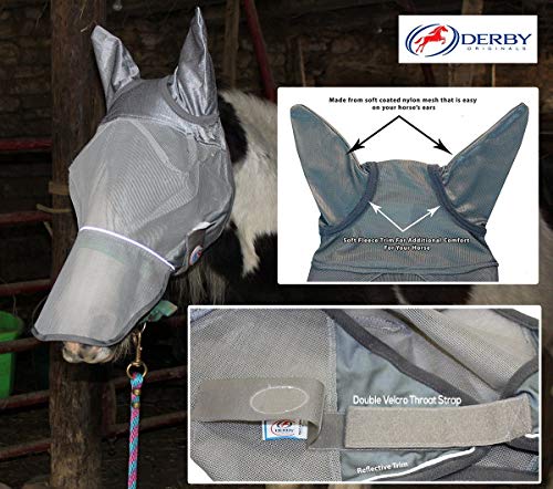 Derby Originals Reflective Fly Mask with One Year Warranty - with Ears and Nose Cover - color: Summer Blue