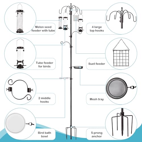 YINGYM 6-Hook Bird Feeding Station, 94 Inch Bird Feeder Pole for Outdoors - size: 94 Inches without Squirrel Baffle