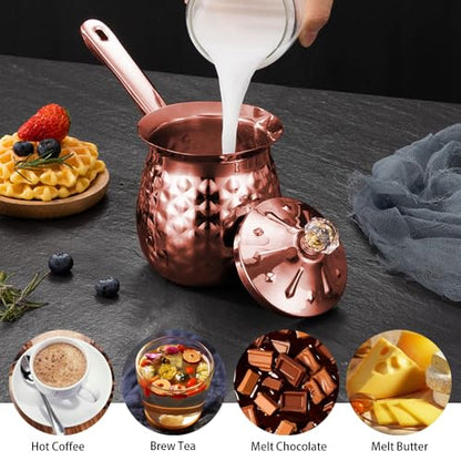 Hammered Stainless Steel Turkish Coffee Pot - 13.5 Oz, 400 Ml - Cezve Ibrik with Handle and Lid, Rose Gold, Stovetop Maker - color: Rose Gold, size: 13.5 Ounces