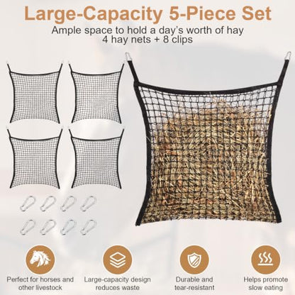4 Pcs Hay Nets for Horses, Large Capacity Slow Feed Hay Bags for Horses, Goats, Sheep, Donkey, Easy to Fill and Hang, 35 x 31 Inch, Black
