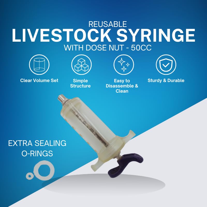 Reusable Veterinary Syringe with Dose Nut (50cc) – Durable Plastic Barrel - size: 50cc