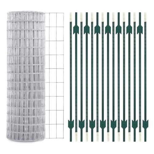 Fencer Wire 12.5-Gauge 5 ft. x 100 ft. Galvanized Welded Fence Wire Roll with 15 pcs 7 ft T-Posts, Farm & Garden Fencing Kit